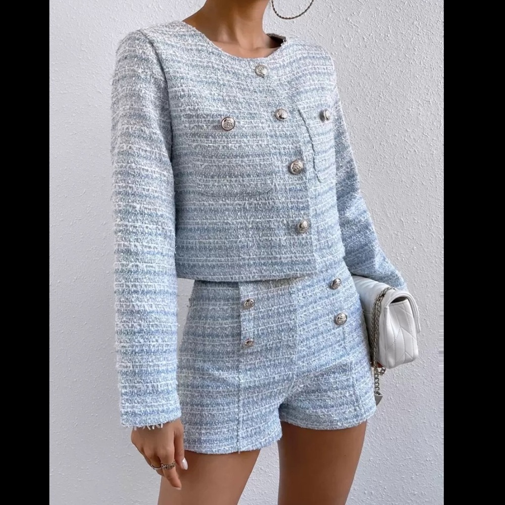 Cropped Tweed Jacket & High-Waist Shorts in Sky Blue, Size S - Picture 5 of 11